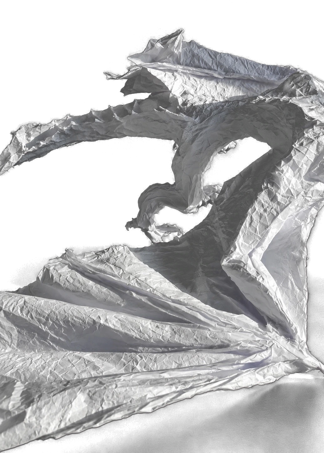Paper dragon body and wings articulated into a second pose